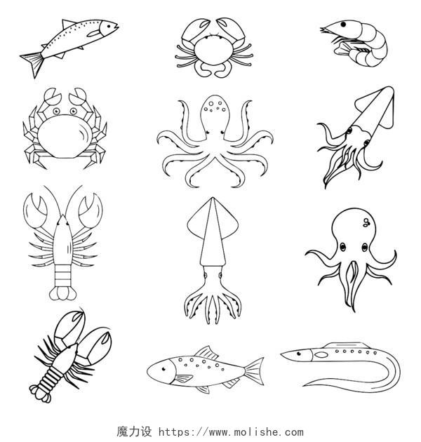简笔画风格海鲜鱼虾蟹鳗鱼八爪鱼矢量PNG素材海鲜简笔画